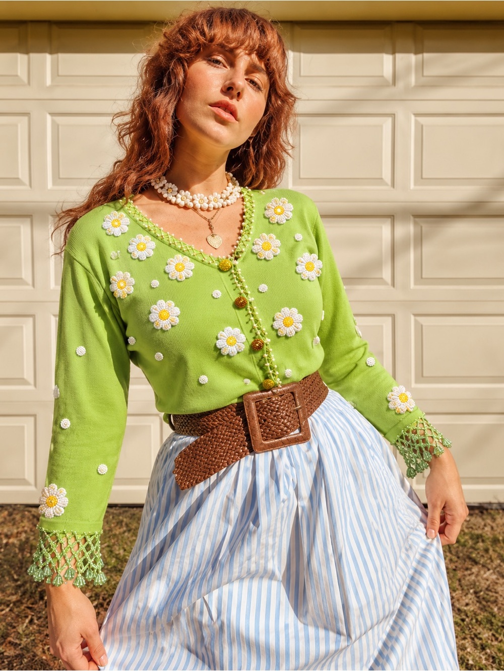 1980 🌼 Vintage Berek Beaded Daisy Cardigan XL NWT — All-Over Hand-Beaded Detail